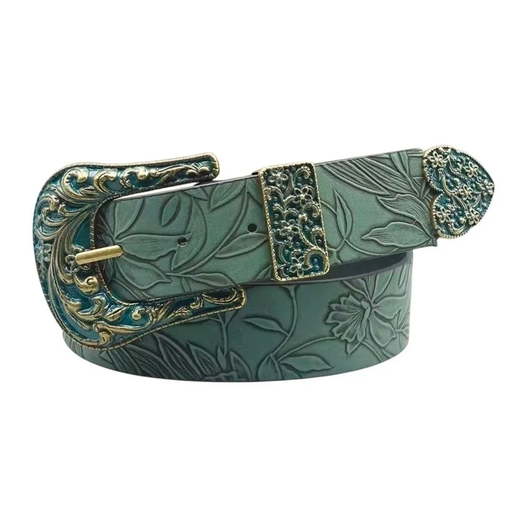 Embossed Floral faux Leather Belt Vintage Style Western Buckle Green 44 inches
